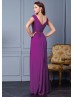 Dark Fuchsia Chiffon V Neck Long Prom Dress 